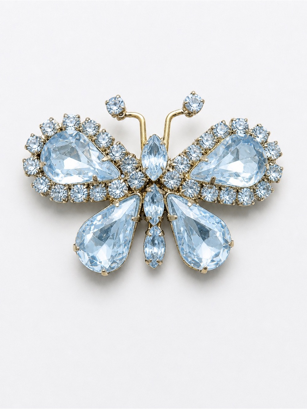 Vintage Blue Rhinestone Butterfly Brooch Silver Tone Statement Pin